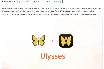 Mac/iOS の優れたライティングアプリ Ulysses がサブスクリプション制に移行